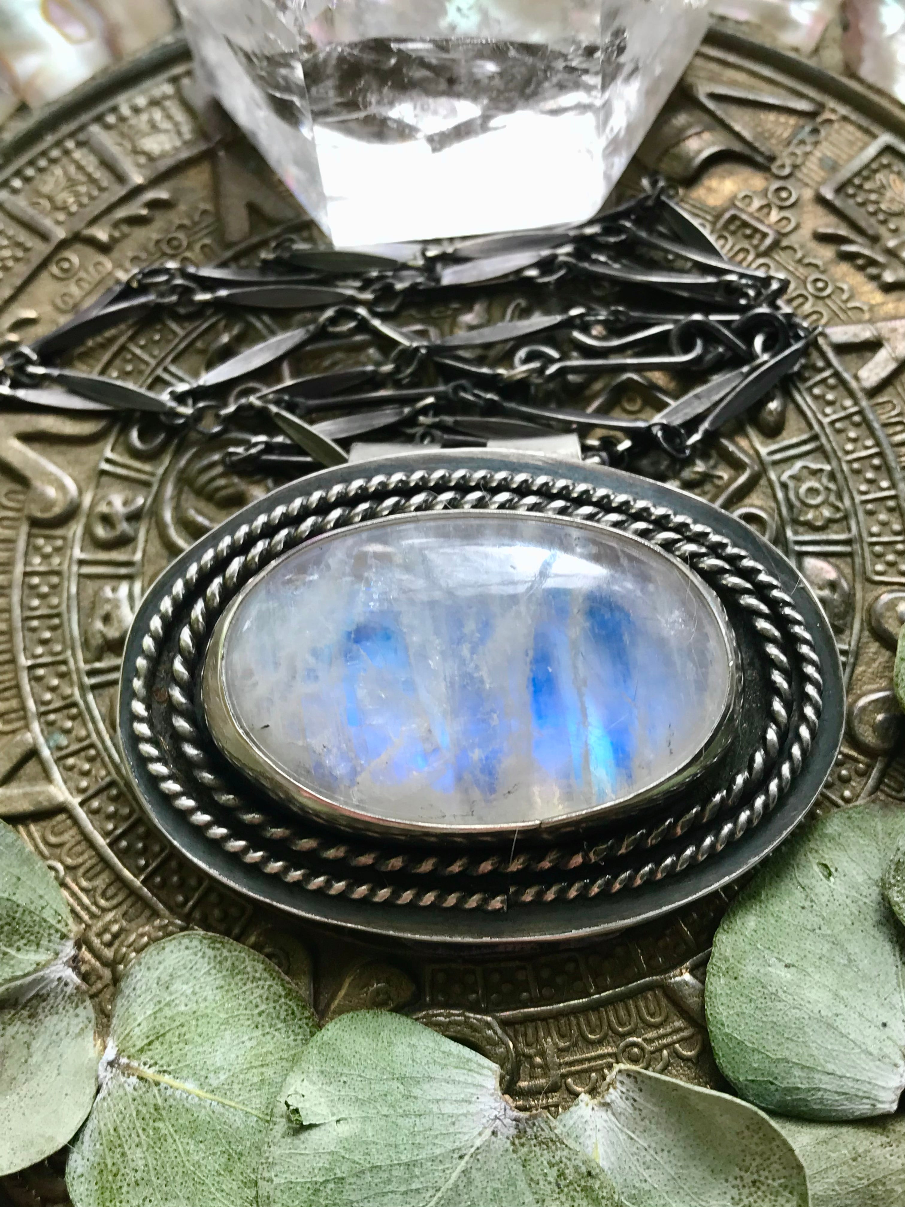 Rainbow Moonstone Shield Necklace